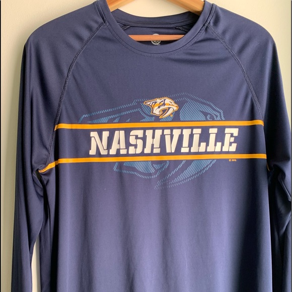 SOLD! Men’s Medium Long-Sleeve Blue Yellow and White Nashville Predators Shirt - Picture 3 of 5